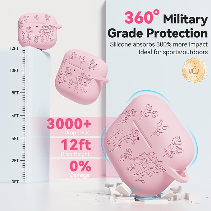 for AirPods 4 Case, Soft Silicone Flower Engraved Airpod 4 Cases with Qute Keychain & Cleaning Kit, Compatible with AirPods 4th Generation 2024 Cover for Women Girly, Anti-Scratch, Shockproof