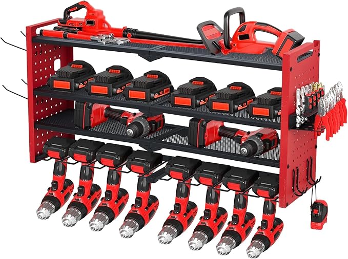 Power Tool Organizer, Drill Holder Wall Mount, Heavy Duty 4-Layer Garage Rack Metal Loads 400Lbs, 8 Drill Storage Shelf with Hooks, Drill Bit Shelf Power Tool Rack for Garage, Workbench