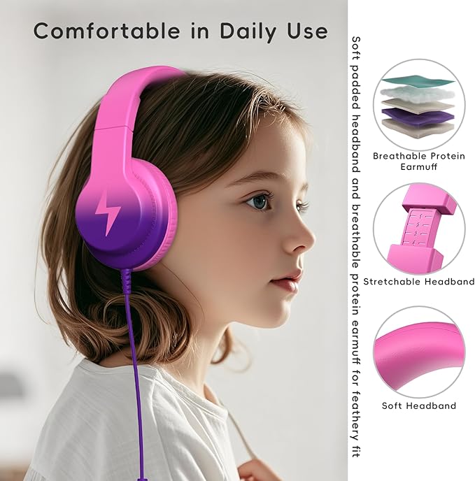 Kids Headphones, Wired Headphones for Kids Over Ear with Microphone, 85/94dB Volume Limiter Headphone for Girls Boys, Foldable Headphone for Learning, Deep Purple and Pink