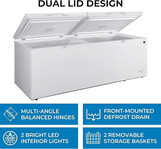 Kenmore 21 Cu. Ft. (595L) Convertible Chest Freezer/Refrigerator, Garage-Ready, Dual Lids, Keyed Safety Locks, LED Lights, Easy-Rolling Wheels, Manual Defrost, White, For Hunting Cabin Garage Cottage
