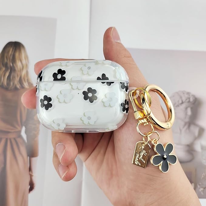 Compatible with AirPods Pro 2 Case Cover 2022, Soft TPU with Cute Flower Pattern for AirPods Pro 2nd/1st Generation Case with Flower Keychain and Carabiner for Girls Women (Black)