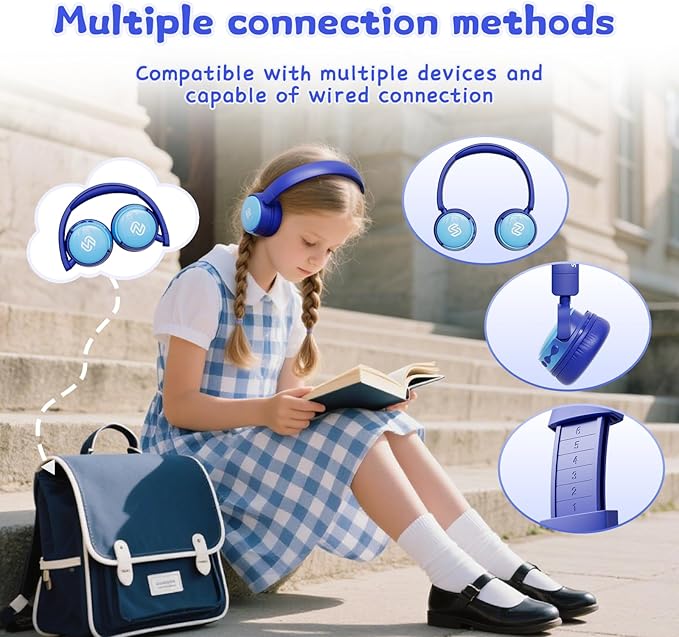 S62 Kids Bluetooth Headphones, Wireless Headphones for Kids Over Ear with Microphone, 85/94dB Volume Limiter Headset for Girls Boys, Foldable Headset for Learning & Entertainment-Blue