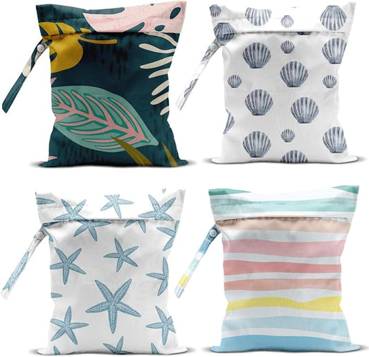 4Pcs Waterproof Wet Bag for Swimsuit, Travel Beach Wet Dry Bag, Hidden Zipper Reusable Shell Starfish Beach Palm leaf Decor, for Travel Beach Wet Swimsuits Toiletries Diapers Laundry Bag