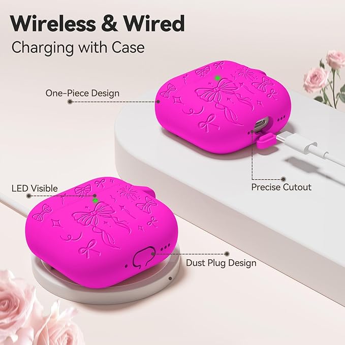 for Airpods 4 Case Cover, Joremx Cute Bow Engraved Silicone Protective Case Cover with Keychain, Cleaner Kit for AirPods 4th Generation Case 2024 (Fluorescent Rose Red)