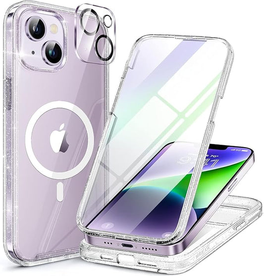 Miracase Glass Series Designed for iPhone 14 Plus Case 6.7 inch, 2023 Upgrade Full-Body Magnetic Clear Case with Built-in 9H Tempered Glass Screen Protector,Compatible with MagSafe,Clear Glitter