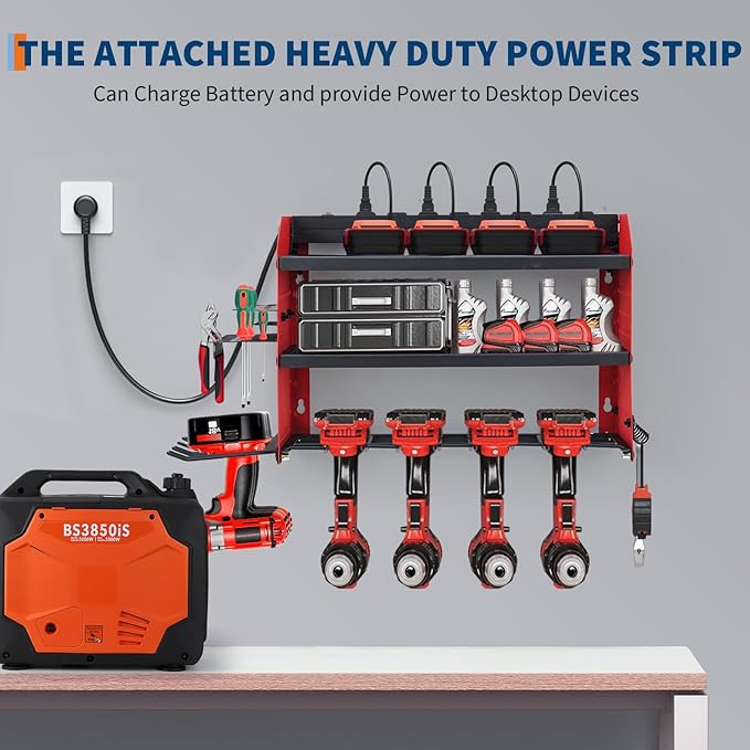 Power Tool Organizer, Drill Holder Wall Mount with Charging Station, Heavy Duty 3-Layer Power Pool Storage with 8 Outlets, 4 Drill Storage Shelf with Hooks, Battery Storage Holder for Garage