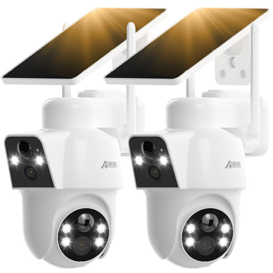 ANRAN 2 Pack Dual-Lens Solar Security Camera Wireless Outdoor - 3MP Fixed Wide-Angle + PTZ 360° View, Home Security Camera with Color Night Vision, 2-Way Talk, PIR Motion Detection