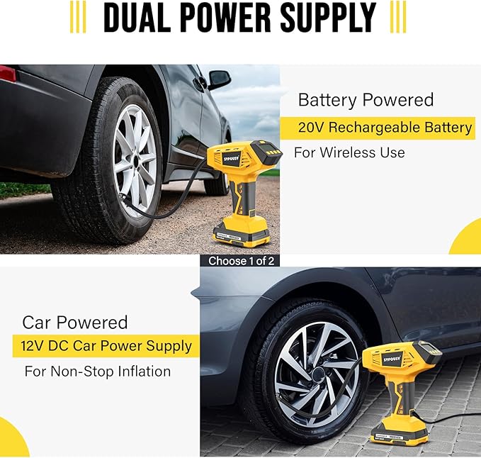 Upgraded Tire Inflator Portable Air Compressor, 160PSI Cordless Air Pump with 20V Rechargeable Battery, 2X Faster Inflation, Digital Pressure Gauge for Car, Motorcycle, E-Bike & Balls (Yellow)