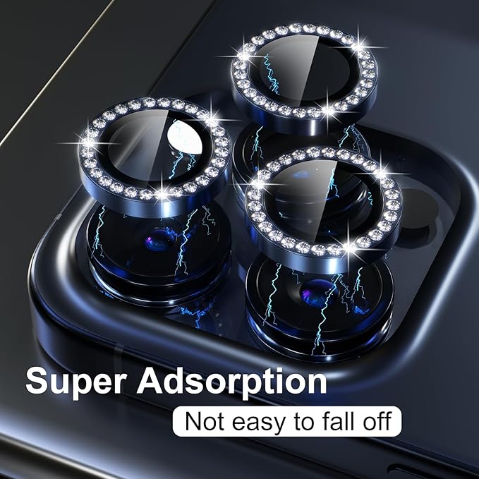 Misea Compatible for iPhone 15 Pro/iPhone 15 Pro Max Camera Lens Protector Bling, 9H Tempered Glass Camera Cover Screen Protector Metal Individual Ring Protector Decoration Accessories, Blue Diamond