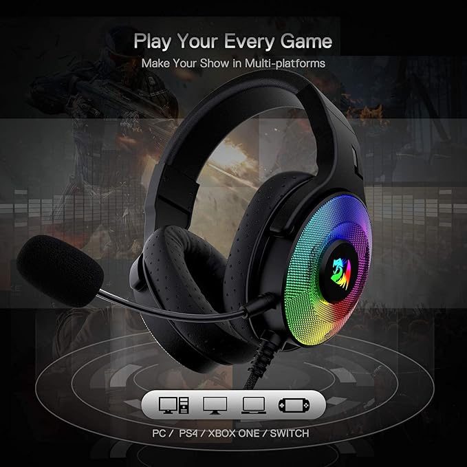 Redragon H350 RGB Wired Gaming Headset, Dynamic RGB Backlight - Stereo Surround-Sound - 50MM Drivers - Detachable Microphone, Over-Ear Headphones Works for PC/PS4/XBOX One/NS