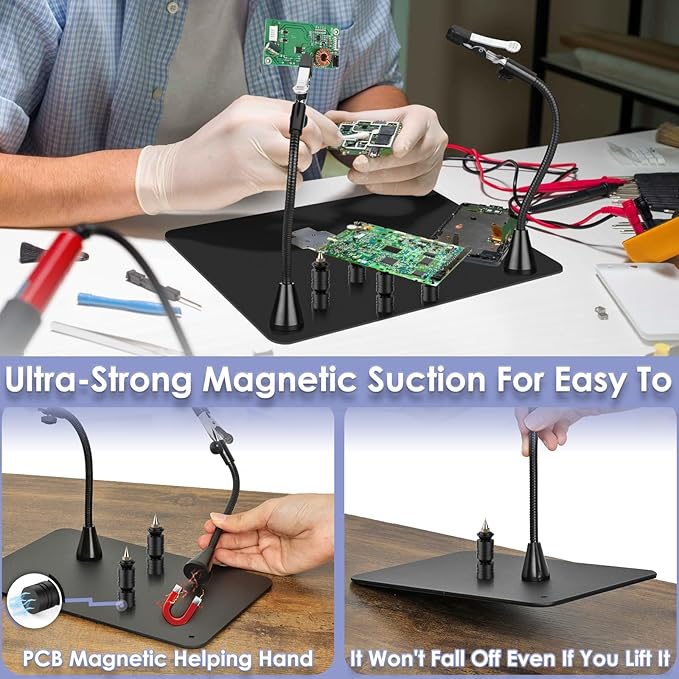 Drdefi Helping Hands Soldering Station, 10X Square Magnifying Glass with Light and Stand, 4 Magnetic Third Hands & 4 PCB Circuit Board Holders, Hands Free Magnifier Desk Lamp for Repair Soldering