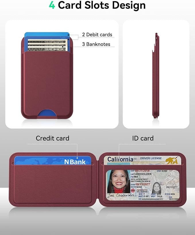 for MagSafe Wallet with Stand, 5 Card Holder, Slim Leather Magnetic Wallet for iPhone 17/16/15/14/13/12 Pro Max Plus Air Series, 3 Card Slots & 1 Cash Slot,WineRed