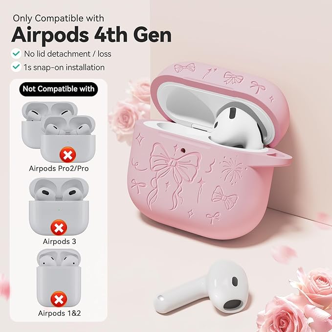 for Airpods 4 Case Cover, Joremx Cute Bow Engraved Silicone Protective Case Cover with Keychain, Cleaner Kit for AirPods 4th Generation Case 2024 (Sakura Pink)