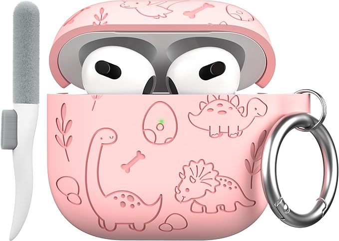 Maxjoy for AirPods 4 Case, Engraved Silicone Cute AirPod 4 Case for Women Men Protective iPod 4 Cover with Keychain Cleaning Kit for AirPod 4th Generation Cover 2024, Dinosaur Pink