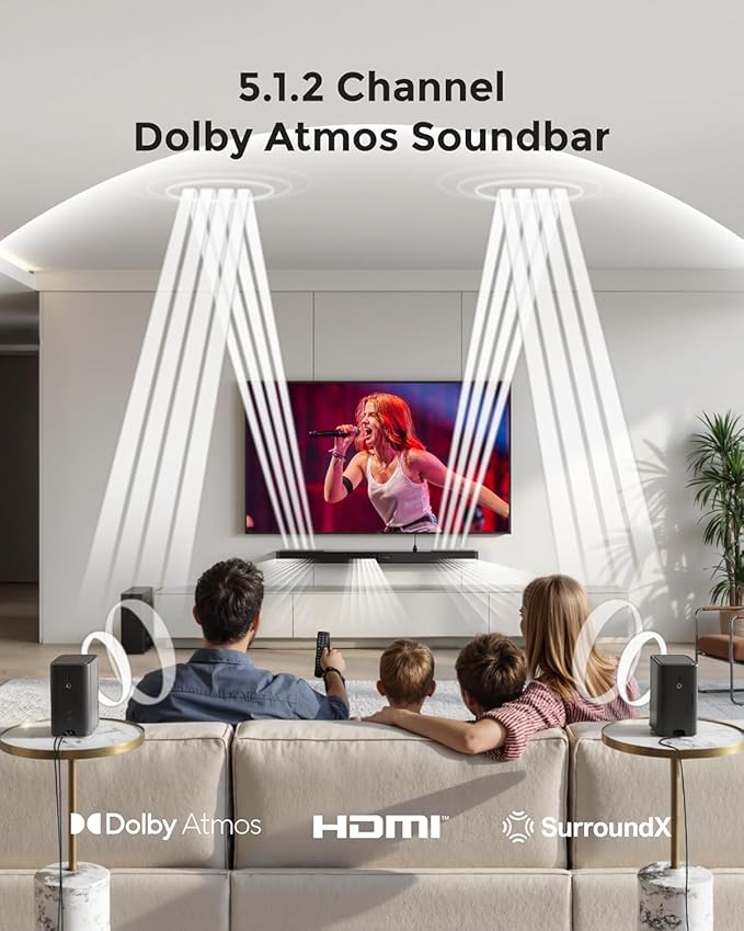 ULTIMEA 5.1.2ch Sound Bar with Dolby Atmos, Surround Sound System for TV with 2 Surround Speakers, Sound Bar for Smart TV, Soundbar with Subwoofer for Home Theater, BT 5.4, HDMI eARC, Skywave F40