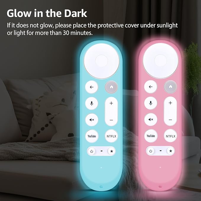 [2-Pack] HZIME New Replacement Remote Control Cover Compatible for Google TV Streamer 4K TV GY3LE Voice Remote, Silicone Controller Case Sleeve (Glow-in-The-Dark，Blue/Pink)