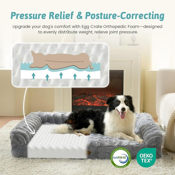 Faux Fur Orthopedic Dog Bed, Dog Bed for Medium Size, Supportive Foam Pet Sofa with Waterproof Lining Cover, Washable U-Shaped Pet Couch with Anti-Slip Bottom, Grey M 30x20x6.5 inch