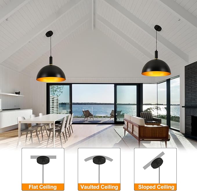 17.72" Large Pendant Lights Kitchen Island, Black and Gold Dome Pendant Lights, Modern Farmhouse Adjustable Black Industrial Metal Hanging Pendant Lightingfor Kitchen Island, Dining Room, Cafe, Bar