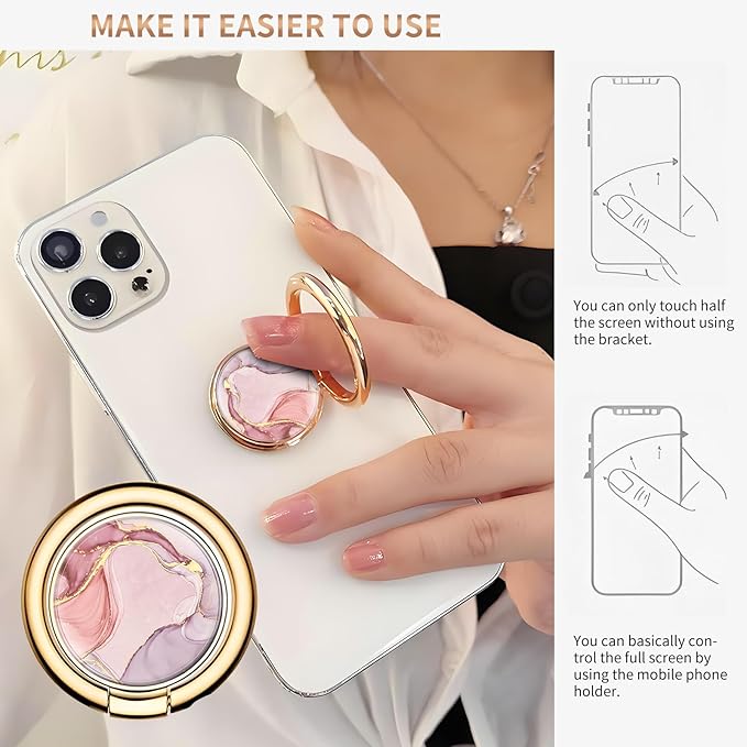 Cell Phone Ring Holder, Cute Metal Phone Grip Stand Finger Ring Kickstand, Flexible 360°Rotation Phone Tablet Case Accessories Compatible with Most Phones Pink Marble