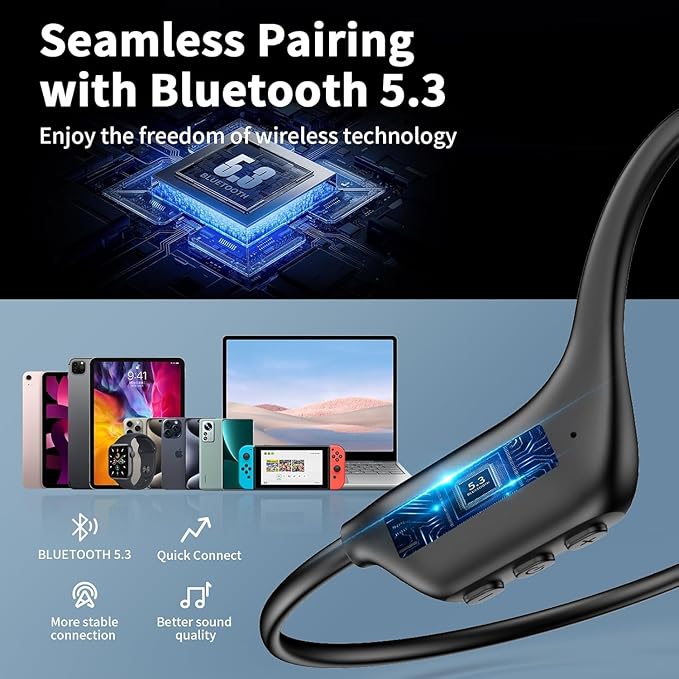 Bone Conduction Headphones, Wireless Bluetooth 5.3 Open-Ear Headphones with Mic, 10H Playtime Workout Headphones, Waterproof Sport Earphones Headset for Running, Gym, Hiking, Cycling (Black)