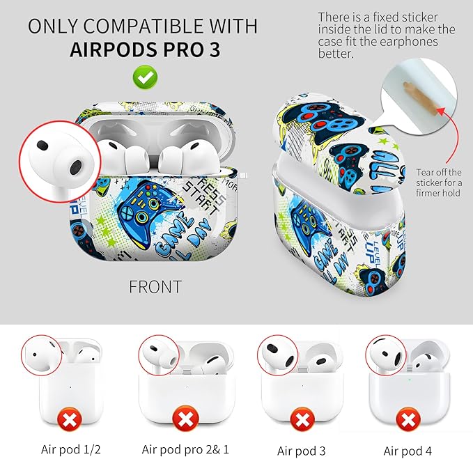 Cute Hard Case Compatible with AirPods Pro 3rd Generation Case (2025), Shockproof Protective Cover with Golden Keychain Ring Clip (Blue Game Pattern)