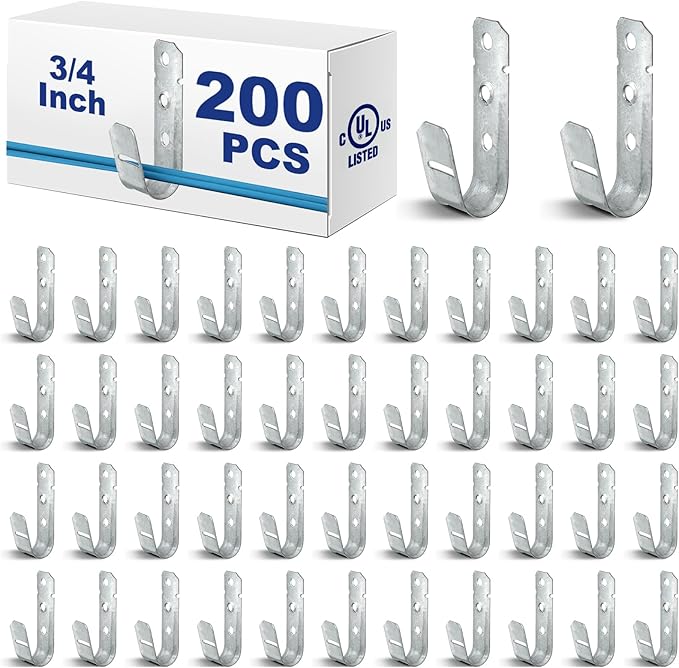 Gisafai 200 Pcs Cable Support J-Hook, 3/4 Inch Metal Garage Hooks for Hanging, Heavy Duty Network for Cable and Wire Management Wall Attaching J Utility, G60 Galvanized Steel, Silver