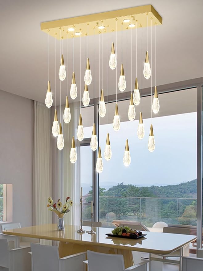 Rectangular Chandelier 24-Lights LED Dimmable Raindrop Chandeliers for High Ceiling Large Chandelier Light Fixture Gold High Ceiling Pendant Lights for Villa Living Room Staircase