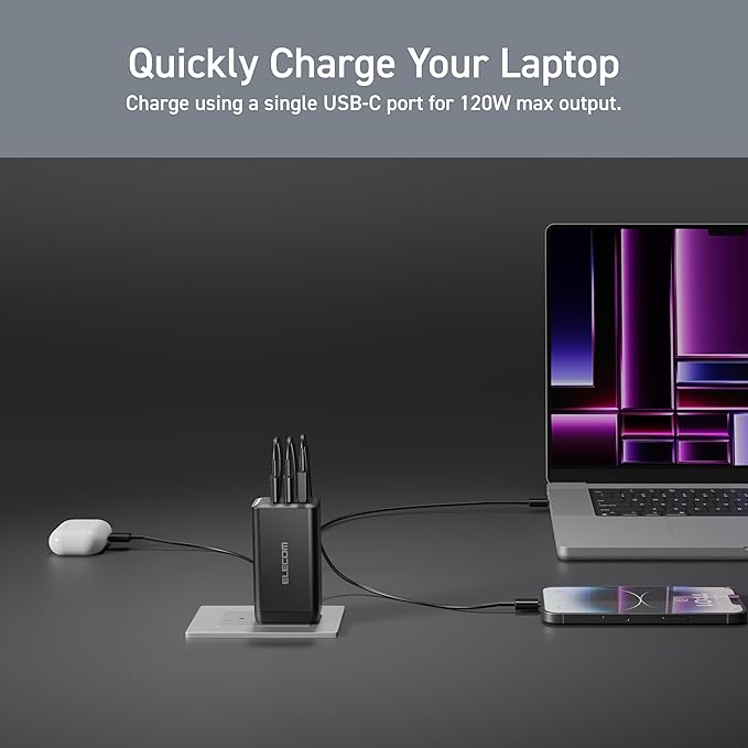 ELECOM 120W USB C Wall Charger Block, 3 Multi Port GaN II Smart PD, Ultra-Fast Charging, Compact Power Adapter for Multiple Devices, Laptops, Tablets, iPhone, iPad, Watch, Speakers, Airpods - Black