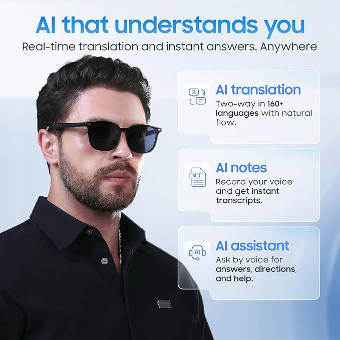 LIMU Gen 5 Smart Glasses. Al Glasses with Real-Time Al Interpreter Open-Ear Bluetooth Glasses with Speakers. Hall-Sensor Auto On/Off, Magnetic Lenses (Black & Yellow, TRGO Frame for Women & Men