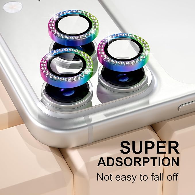 Misea Compatible for iPhone 17 Pro/iPhone 17 Pro Max Camera Lens Protector Bling, 9H Tempered Glass Camera Cover Screen Protector Metal Individual Ring Decoration Accessories, Colorful Diamond