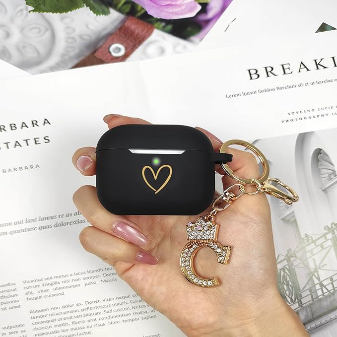Compatible with AirPods Pro 3 Case Cover (2025), Soft Silicone Case with Gold Heart Pattern for AirPods Pro 3rd Generation Case with Rhinestone Studded Letter A-Z Keychain (C Black)