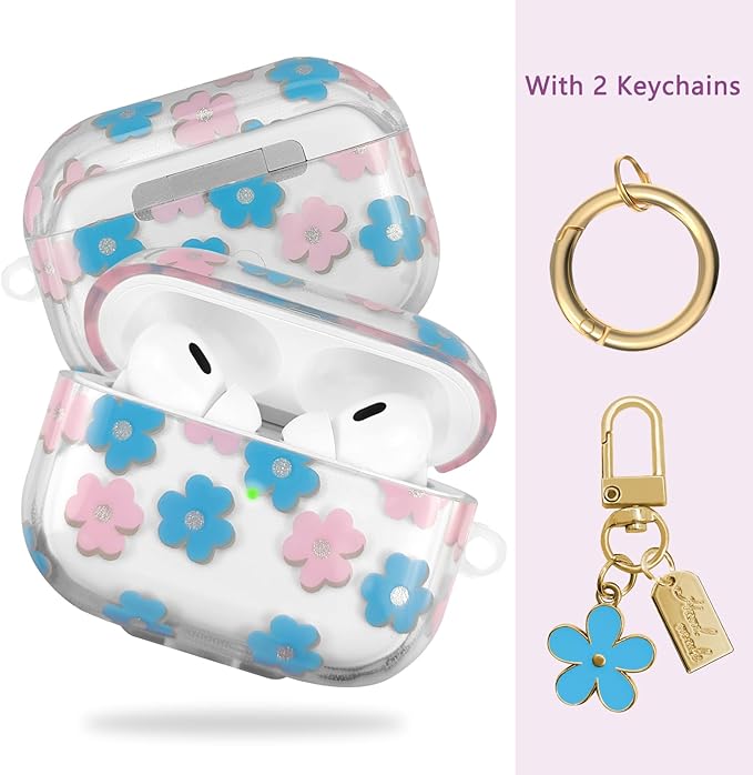 Compatible with AirPods Pro 2 Case Cover 2022, Soft TPU with Cute Flower Pattern for AirPods Pro 2nd/1st Generation Case with Flower Keychain and Carabiner for Girls Women (Blue)