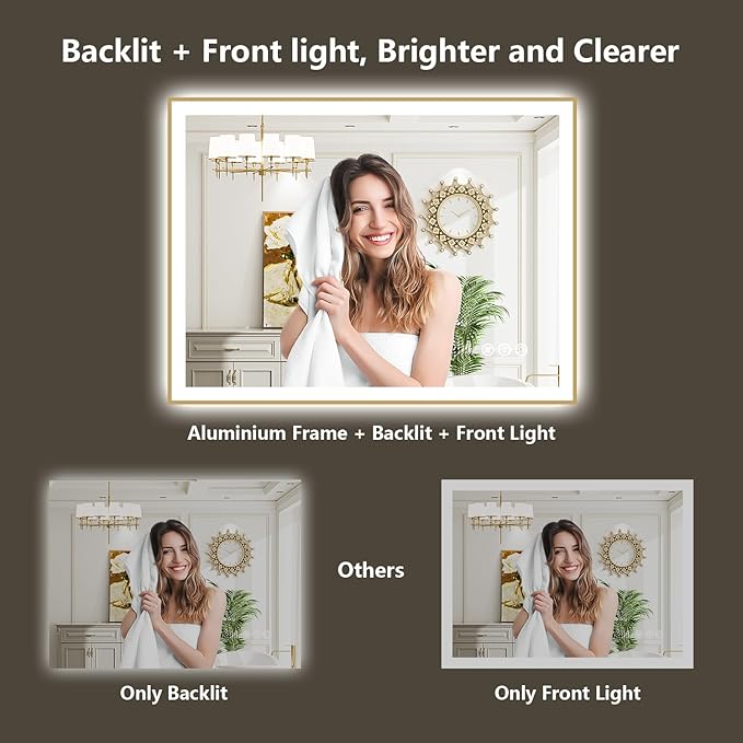 57x36 Inch LED Bathroom Mirror with Lights (Front Lit and Backlit) Gold Framed Lighted Vanity Mirror for Bathroom Wall Dimmable Anti-Fog Memory Tempered Glass Horizontal/Vertical