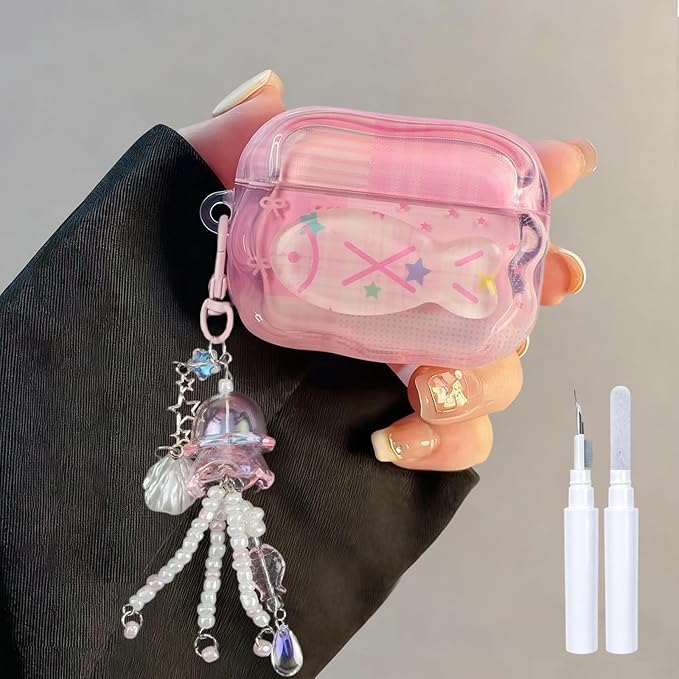 Compatible with AirPods Pro Case with Cleaner Kit, Cute Cartoon Fish Star Keychain Soft TPU Shockproof Cover for Airpods Pro 2nd/1st Generation -Pink