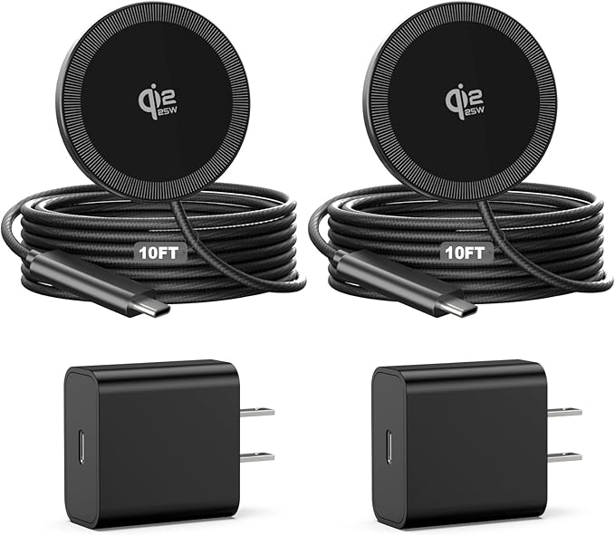 25W Magnetic Wireless Charger, 10FT Fast Charging Pad Qi2.2 Wireless Charge for iPhone 17 16 /AirPods3/2/Pro/for Galaxy S26 Ultra/Pixel 10 Series, Portable Charger for Desk& Travel(2Pack,Black)