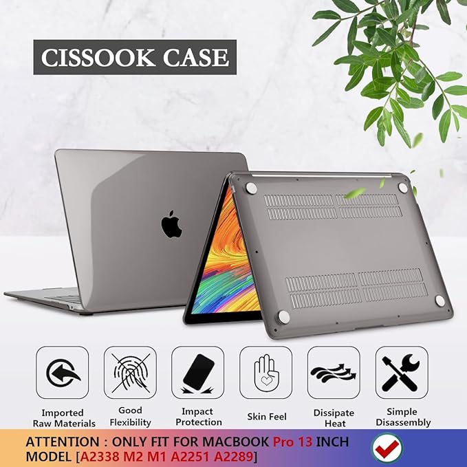 CISSOOK Case for MacBook Pro 13 Inch 2023 2022 2021 2020 Touch Bar, Grey Hard Shell Case Cover for MacBook Pro 13" M2 M1 A2338 A2251 A2289 Model with Keyboard Cover and Screen Protector - Gray