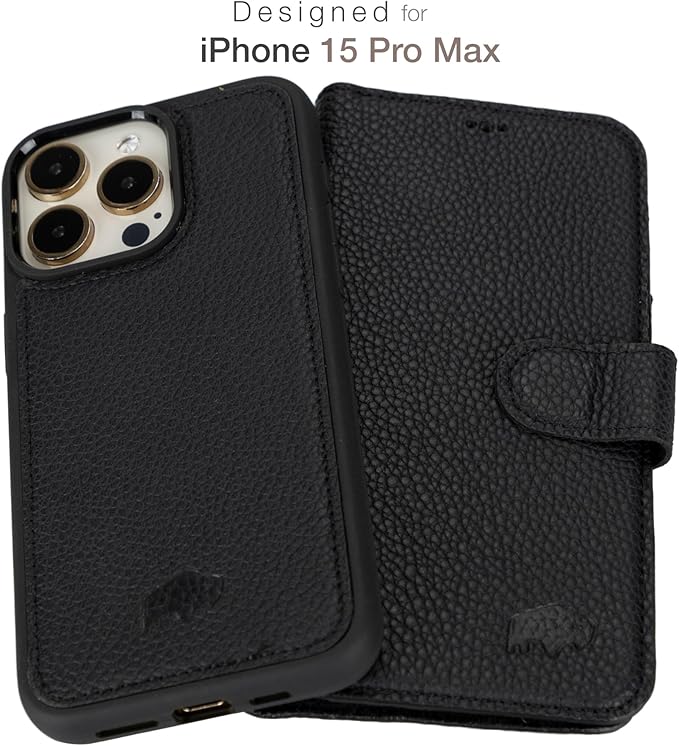BLACKBROOK Case for iPhone 15 Pro Max Wallet Case for Men and Women, Carter Full Grain Leather 2-in-1 Set for MagSafe Charging, Cash, ID and 4 Card Slots with RFID, Compatible with iPhone 15 Pro Max