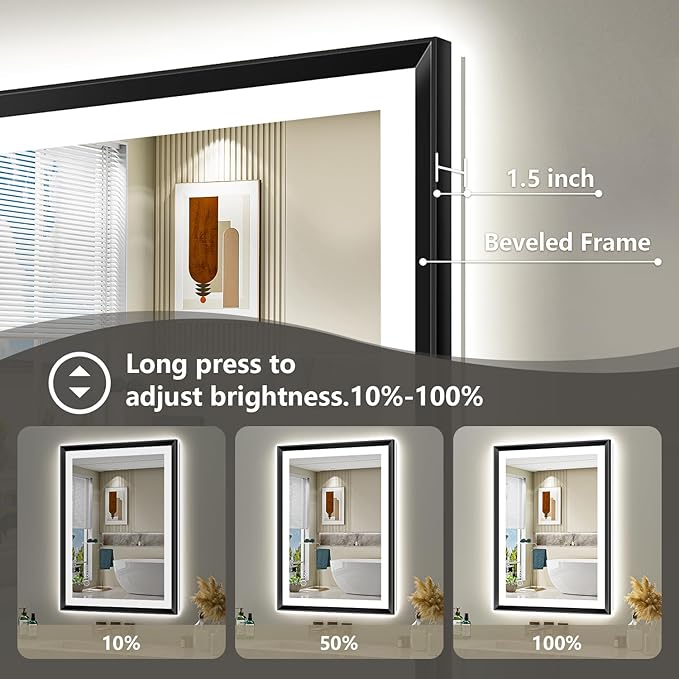 36x32 Black Framed LED Bathroom Mirror with Lights, Backlit and Front Light, Lighted Bathroom Vanity Mirror for Wall Dimmable Anti-Fog Memory Tempered Glass Horizontal/Vertical