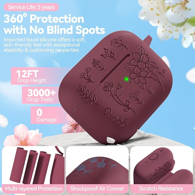 for Airpods Pro 3 Case, Flower Engraved Case Cover Compatible with AirPods Pro 3rd Generation 2025, Soft Silicone Cases with Cute Keychain & Cleaner for Women Girly, Shockproof