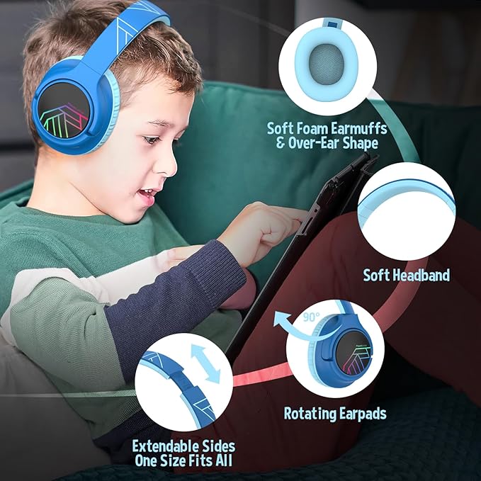 PowerLocus Kids Wireless Headphones, Bluetooth Kids Headphones LED Lights Over Ear with 74/85/94dB Volume Limited, 45H Playtime,Built-in Mic, Two Device Share Mode, HD Stereo for Travel/PC/Tablet