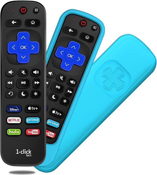 [w/Cover] 1-clicktech 2-in-1 for Roku TV and Box Remote TCL Hisense ONN Sanyo Sharp Hitachi Element Insignia Westinghouse LG JVC Magnavox Roku TV w/ 12 Opt. Channels (Remote + Turquoise Case)