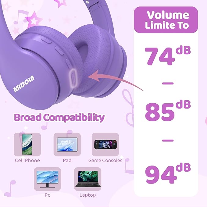 MIDOLA Kids Headphones Bluetooth 5.4 Wireless 68H Play Time Volume Limit 85/94dB Over-Ear Foldable Headset,Type-C Fast Charging,Wired Aux Mic for Toddler Child Pad Tablet Light Purple