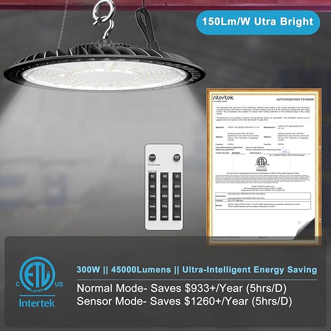 Lightdot Smart LED High Bay Light 300W 45000lm Commercial Bay Lighting 5000K AC100-277V UFO LED High Bay Shop Lights with Remote Control Supports Normal Mode & Motion Mode-6Pack