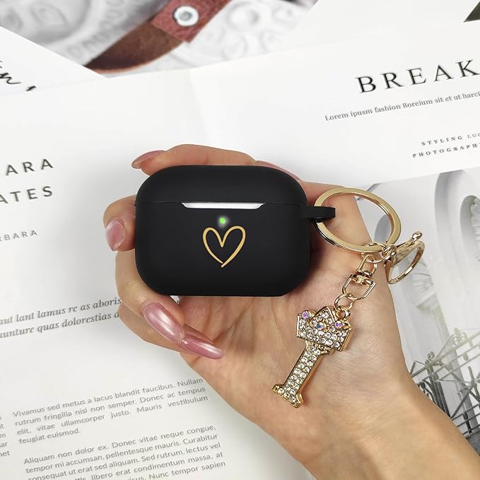 Compatible with AirPods Pro 3 Case Cover (2025), Soft Silicone Case with Gold Heart Pattern for AirPods Pro 3rd Generation Case with Rhinestone Studded Letter A-Z Keychain (I Black)