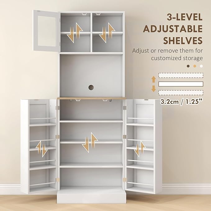 HOMCOM 67" Kitchen Pantry Cabinet with Microwave Shelf, Adjustable Shelves & 8 Door Storage, Modern Compact Kitchen Hutch, Freestanding Food Storage Cabinet with Glass Door for Dining Room, White