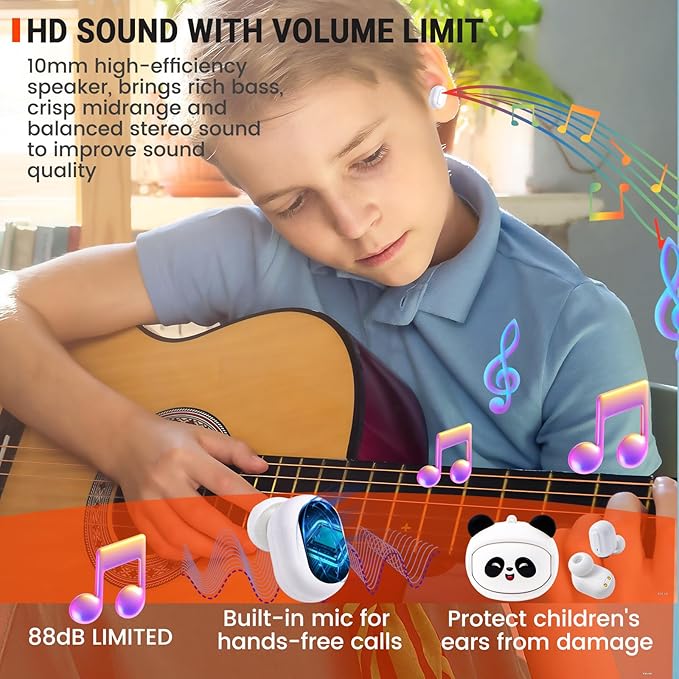 Kids Wireless Earbuds with Rotating Chaging Case Wireless Bluetooth Earbuds for Kids, Kid Ear Buds with Mic, 88dB Safe Volume, Earphones Earpods in-Ear for Android iOS Cell Phone Laptop, Panda