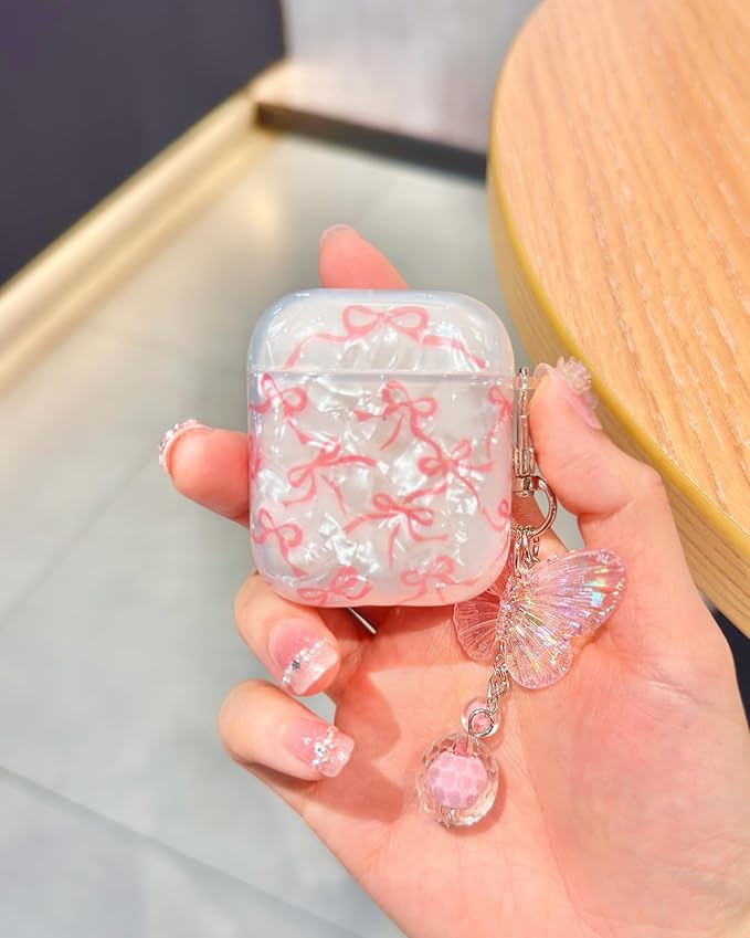 Compatible with AirPods Case Cute, Shell Pattern Shockproof Protective Cover for Girls Women with Butterfly Keychain Designed for AirPods 1st & 2nd Generation, Pink Bow