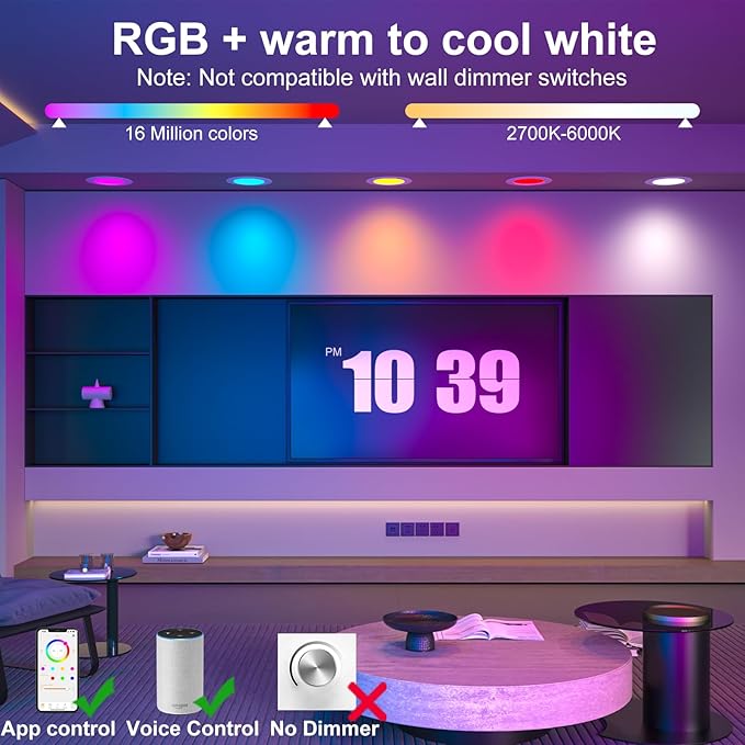 5/6 Inch Smart LED Recessed Light Compatible with Alexa 1Pack,13W1050LM,2700K-6000K,RGB LED Can Light,Retrofit Recessed Lighting,for Living Room,Bedroom,Kitchen