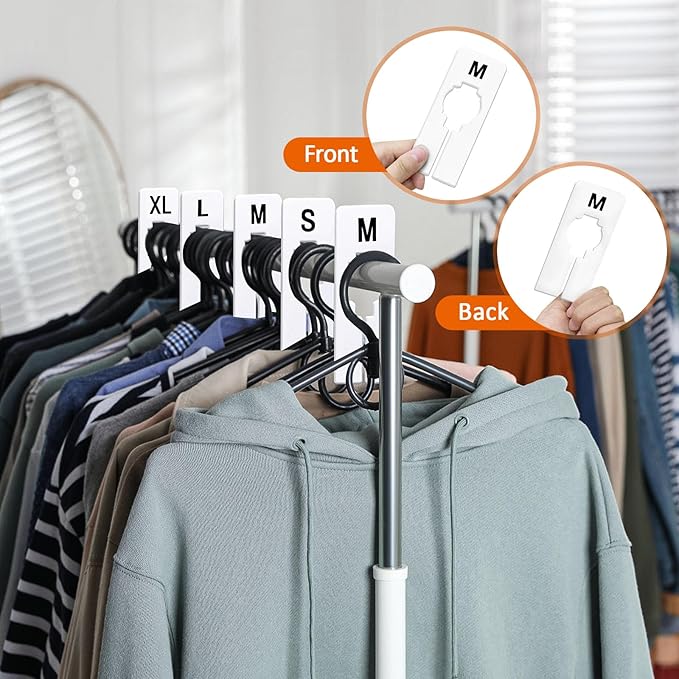 tutata 40 PCS Closet Dividers, Writable and Reusable Closet Rack Dividers Hangers, Preprinted in 8 Sizes XXS, XS, S, M, L, XL, XXL, XXXL (White)
