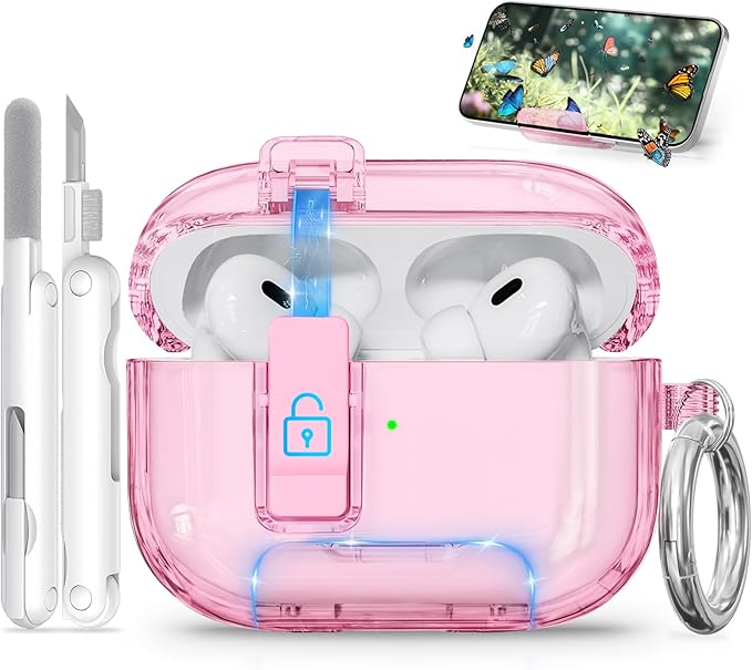 for AirPods Pro 2 Case with Phone Stand & Secure Lock, Auto-Open Clear Cover Compatible with Apple AirPods Pro 2nd/1st Gen (2023,2022,2019) with Cleaning Kit & Keychain (Clear Pink)